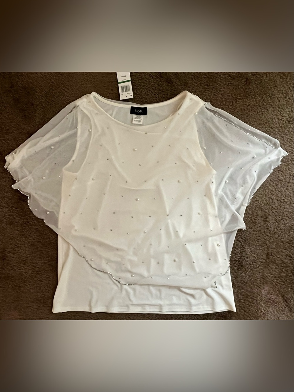 MSK White Sheer Embellished Batwing Sleeve Top
